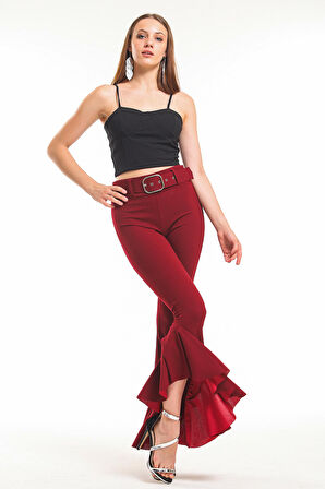 Kemerli Paça Volanlı Pike Çelik  Pantolon | Pnt32698 Bordo