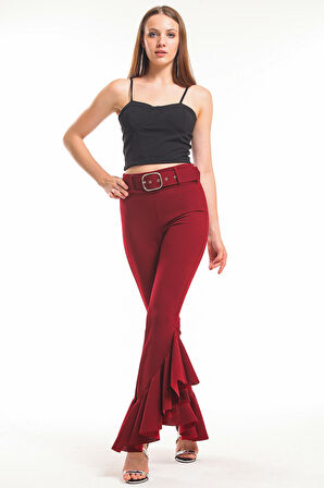 Kemerli Paça Volanlı Pike Çelik  Pantolon | Pnt32698 Bordo