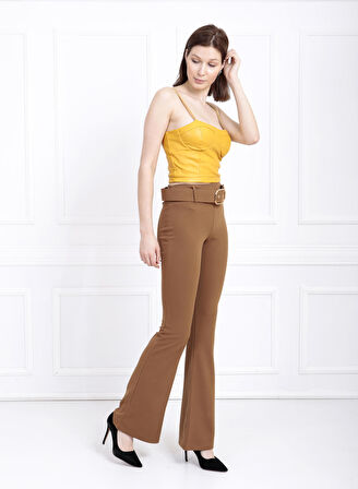 İspanyol Paça Kemerli Örme Kumaş Pantolon PNT32439 Vızon