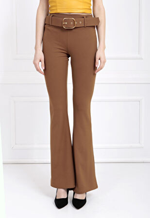 İspanyol Paça Kemerli Örme Kumaş Pantolon PNT32439 Vızon