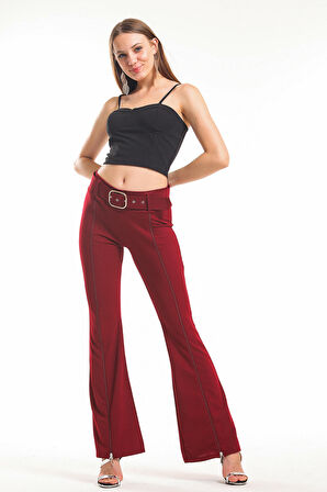 Kemerli Önden Fermuarlı Scuba Krep Pantolon PNT33379 Bordo