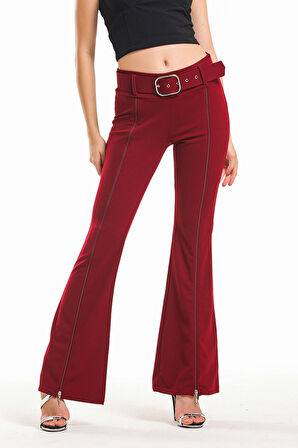 Kemerli Önden Fermuarlı Scuba Krep Pantolon PNT33379 Bordo