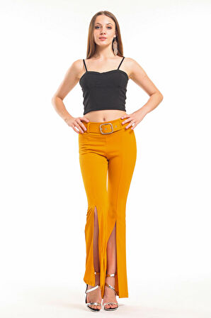 Kemerli Paça Volanlı Pike Çelik  Pantolon | Pnt32698 Hardal