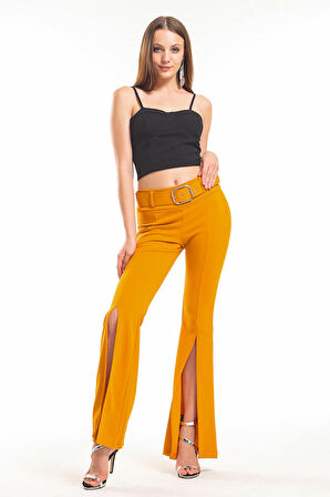 Kemerli Paça Volanlı Pike Çelik  Pantolon | Pnt32698 Hardal