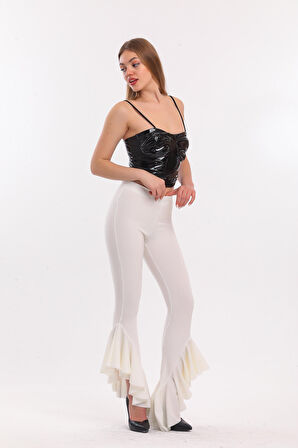 Kemerli Paça Volanlı Pike Çelik  Pantolon | Pnt32698 Ekru