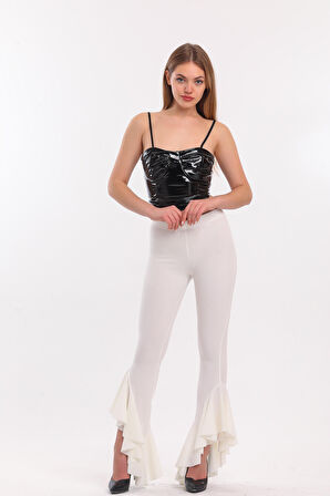 Kemerli Paça Volanlı Pike Çelik  Pantolon | Pnt32698 Ekru