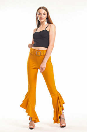 Kemerli Paça Volanlı Pike Çelik  Pantolon | Pnt32698 Safran