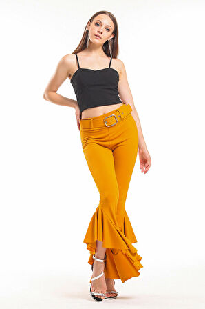 Kemerli Paça Volanlı Pike Çelik  Pantolon | Pnt32698 Safran