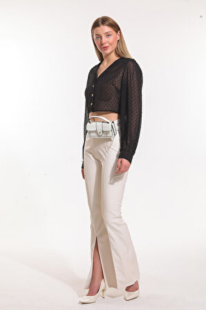 Paçalar Önden Yırtmaçlı Beli Lastikli Deri Tayt | TYT33544 Ekru