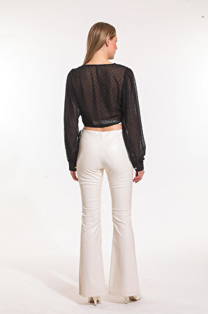 Paçalar Önden Yırtmaçlı Beli Lastikli Deri Tayt | TYT33544 Ekru