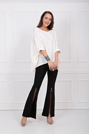 Kemerli Önden Fermuarlı Scuba Krep Pantolon PNT33379 Siyah