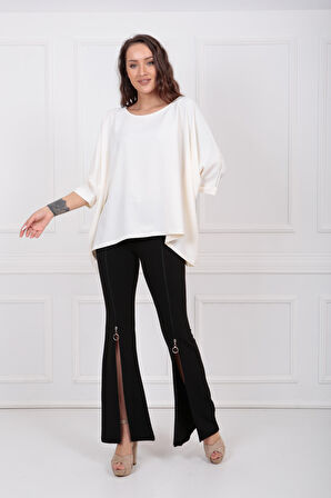 Kemerli Önden Fermuarlı Scuba Krep Pantolon PNT33379 Siyah