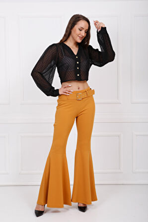 Kumaş Kaplama Kemerli Diz Altı Volanlı Pike Pantolon | PNT32971 Safran