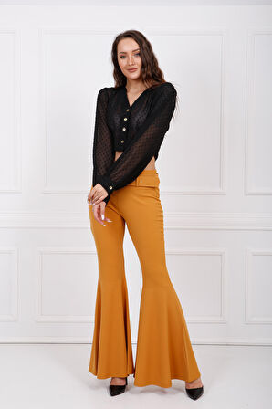 Kumaş Kaplama Kemerli Diz Altı Volanlı Pike Pantolon | PNT32971 Safran