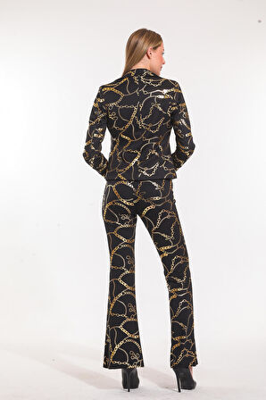 İspanyol paça Varak Baskılı Scuba Pantolon | PNT33581 Zincir Des.Siyah Gold