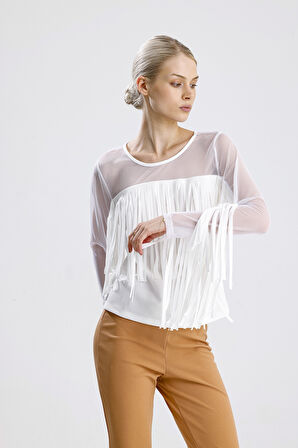 Püsküllü Dalgıç Scuba Krep Tül  Bluz | Blz33372 Beyaz