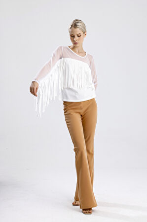 Püsküllü Dalgıç Scuba Krep Tül  Bluz | Blz33372 Beyaz