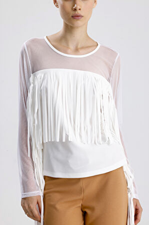 Püsküllü Dalgıç Scuba Krep Tül  Bluz | Blz33372 Beyaz