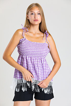 Askılı Etekleri Saçaklı Güpür Gofre Bluz |Blz33496 Lıla