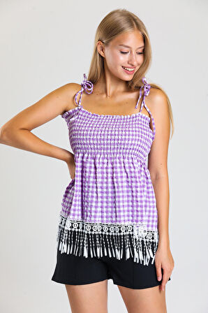 Askılı Etekleri Saçaklı Güpür Gofre Bluz |Blz33496 Lıla