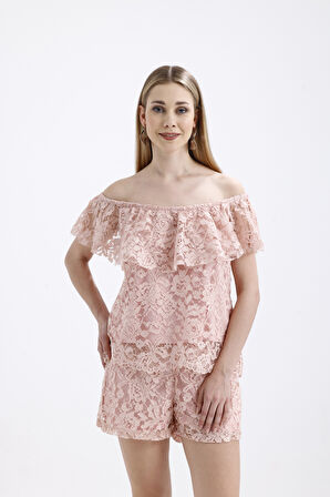 Volan Detaylı Astarlı Dantel Bluz | Blz33454 Pudra