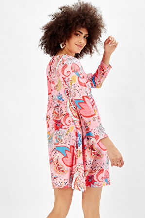 Göğüs Alti Büzgülü Havuz Yaka Desenli Elbise_Elb32126 Pembe Çiçekli