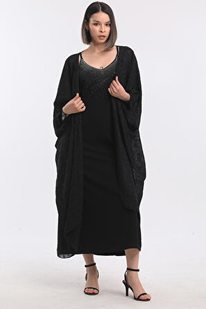 Şifon Plaj Kimono | ELB33597 Siyah Nakışlı