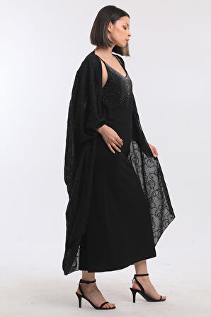 Şifon Plaj Kimono | ELB33597 Siyah Nakışlı