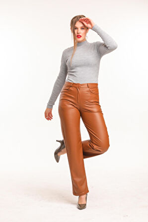 Deri Düğme Ve Fermuarlı İçi Kadife Pantolon | PNT33751 Taba