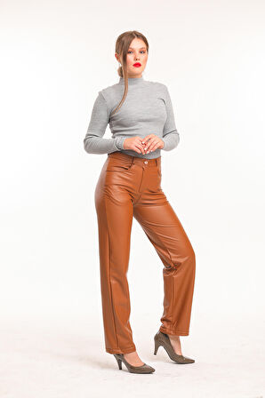 Deri Düğme Ve Fermuarlı İçi Kadife Pantolon | PNT33751 Taba