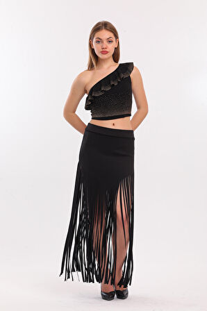 Püsküllü Scuba Abiye Etek | Etk33855 Siyah