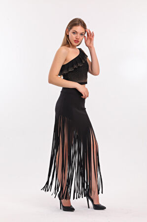 Püsküllü Scuba Abiye Etek | Etk33855 Siyah