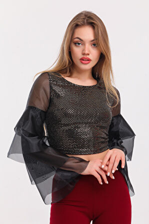 Kolları Organze Buzy Payet Bluz |  Blz32723 Gold