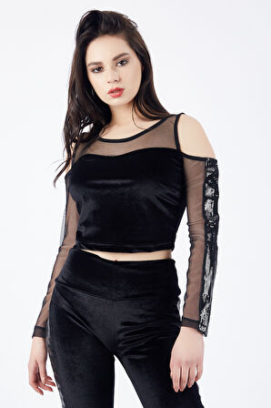 SENSE Ön Arka Roba Ve Kollar Tül Payet Şerit Ön Arka Alt Kadife Uzun Kol Bluz | Blz32382 Siyah