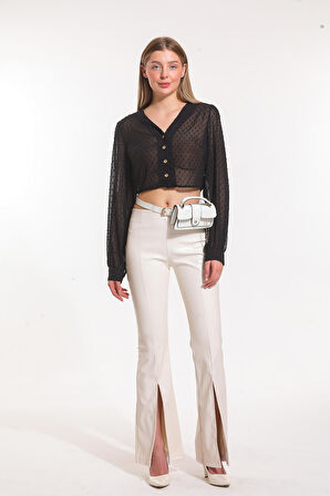 Paçalar Önden Yırtmaçlı Beli Lastikli Deri Tayt | TYT33544 Ekru