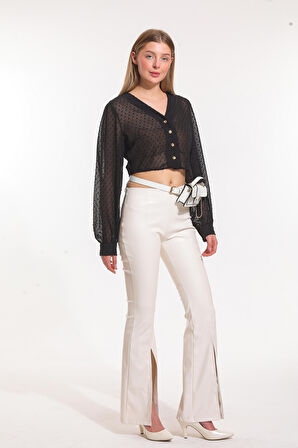 Paçalar Önden Yırtmaçlı Beli Lastikli Deri Tayt | TYT33544 Ekru