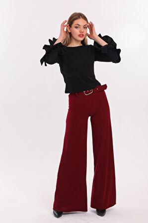 Yanları Kumaş Kaplama Kemerli İspanyol Paça Scuba Krep Pantolon | PNT33393 Bordo
