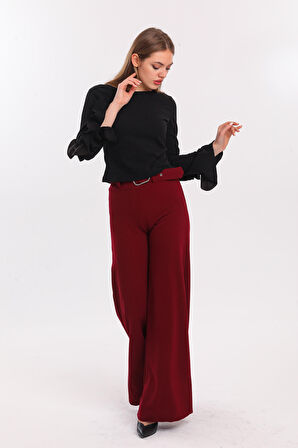 Yanları Kumaş Kaplama Kemerli İspanyol Paça Scuba Krep Pantolon | PNT33393 Bordo