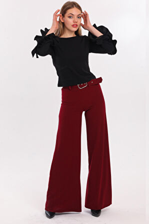Yanları Kumaş Kaplama Kemerli İspanyol Paça Scuba Krep Pantolon | PNT33393 Bordo