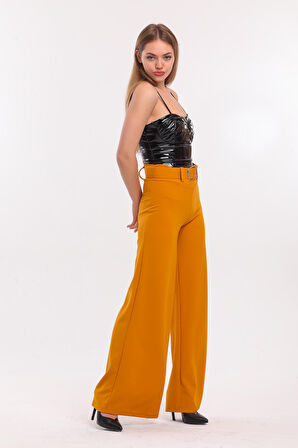 Yanları Kumaş Kaplama Kemerli İspanyol Paça Scuba Krep Pantolon | PNT33393 Safran