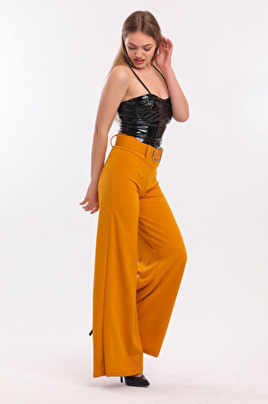 Yanları Kumaş Kaplama Kemerli İspanyol Paça Scuba Krep Pantolon | PNT33393 Safran