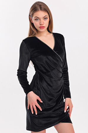 Kruvaze Uzun Kol Kadife Mini Taşlı Abiye Elbise | Elb33850 Siyah