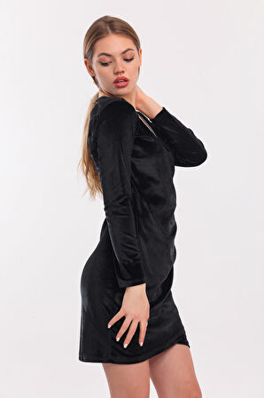 Kruvaze Uzun Kol Kadife Mini Taşlı Abiye Elbise | Elb33850 Siyah