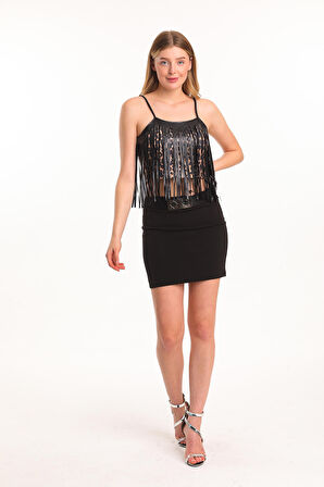 Metal Toka Detaylı Scuba Krep  Mini Etek | Etk33930 Siyah