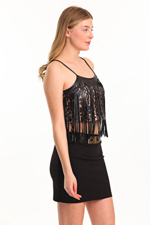 Metal Toka Detaylı Scuba Krep  Mini Etek | Etk33930 Siyah