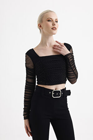 Kare Yaka  Uzun Kol Lastik Büzgülü Tül Abiye Bluz | Blz33886 Siyah