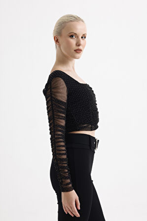 Kare Yaka  Uzun Kol Lastik Büzgülü Tül Abiye Bluz | Blz33886 Siyah