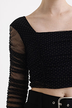 Kare Yaka  Uzun Kol Lastik Büzgülü Tül Abiye Bluz | Blz33886 Siyah