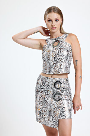 Önü Çift Halkalı Zarf Mini Etek Ekru Gold Yılan