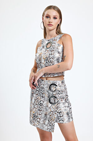 Önü Çift Halkalı Zarf Mini Etek Ekru Gold Yılan